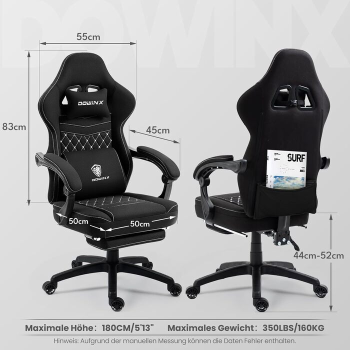 Ігровий крісло Dowinx з тканиною та пружинним блоком, з масажем, підголівником та підніжкою (Чорний)