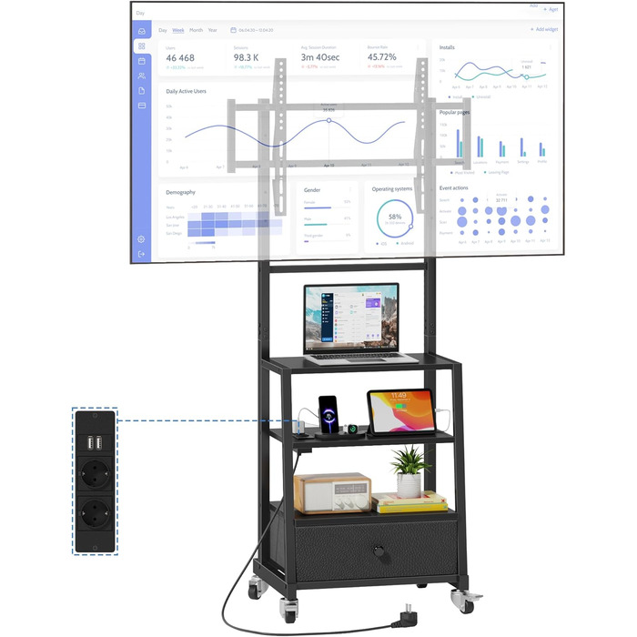 Підставка для телевізора на колесах з ящиком, чорна, 140 см. Підходить для телевізорів 32-75 дюймів