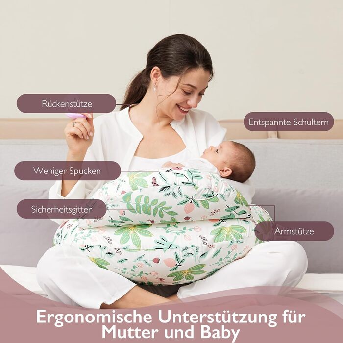 Подушка для годування Momcozy Stillkissen з захисним бордюром - ергономічна подушка для годування та позиціонування з регульованим ремінцем та знімним бавовняним чохлом, Meteoritenschauer (зелений)