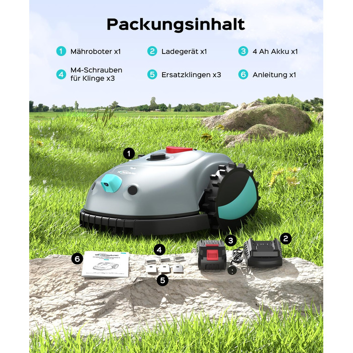 Робот-газонокосачка V100 без обмеженого кабелю з камерою, уникнення перешкод, навігація Vision, акумулятор 4 Ah, 150㎡, запасні леза, спіральне косіння (світло-сірий)