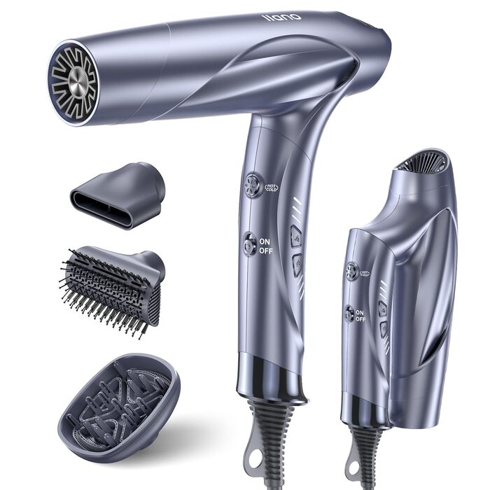 Складний туристичний фен llano Hair Dryer з дифузором, високошвидкісний іонний фен для волосся з безщітковим двигуном, швидковисихаючий фен з магнітною насадкою для дому, подорожей і салону (лід) (Ice Blue)