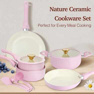 Набір посуду 11 предметів з антипригарним покриттям, кераміка, індукційний, без PFOA, рожевий HC3302-11PG