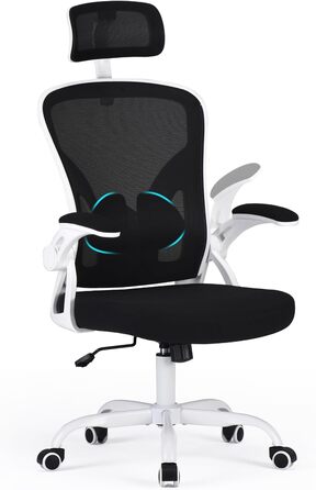 Ергономічне крісло Farini для офісу та дому: регульована висота, з підголівником, 150 кг, на коліщатках (чорно-біле)