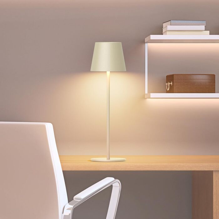 LED акумуляторна бездротова настільна лампа, 36 см, тепле біле світло 3000K, регульована яскравість, IP54, для внутрішнього та зовнішнього використання, алюміній, бежевий, спальня, бар