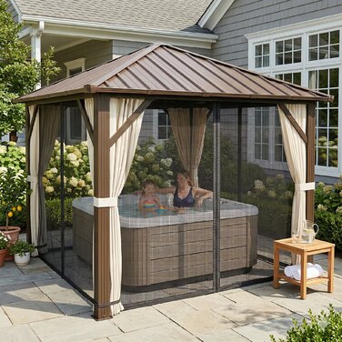 Алюмінієвий павільйон для саду 3х3 м зі сталевим дахом, москітною сіткою та 4 бічними стінками, захист від сонця UPF50+