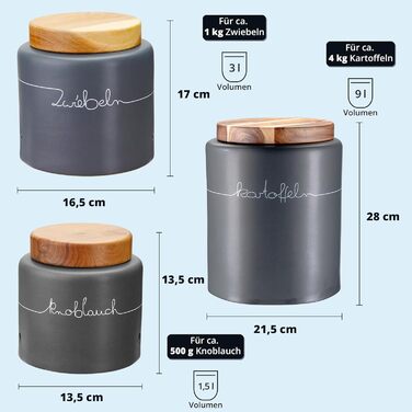 Набір для зберігання картоплі, цибулі та часнику KHG, 3 шт., кераміка, бамбукові кришки, сірий антрацит, об'єм 3 л та 1,5 л