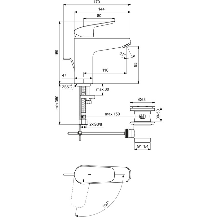 Змішувач настінний однолеверний Ideal Standard Ceraflex, витяжка 160 мм, регульовані S-з'єднання, водозберігаюча картридж CLICK, хром, висота виливу 95 мм