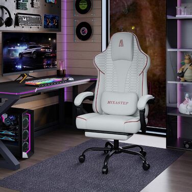 Ергономічне геймерське крісло з підніжкою, підголівником та підтримкою попереку. Регульоване геймерське крісло для дому та офісу, біло-червоне.