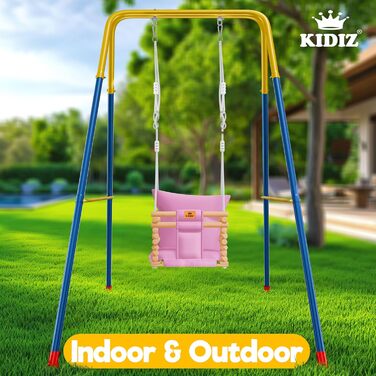 Дитяча гойдалка-колиска KIDIZ® для немовлят від 6 місяців та малюків до 3+ років (Рожева) - дерев'яна, з регулюванням висоти та м'яким сидінням для дому та вулиці