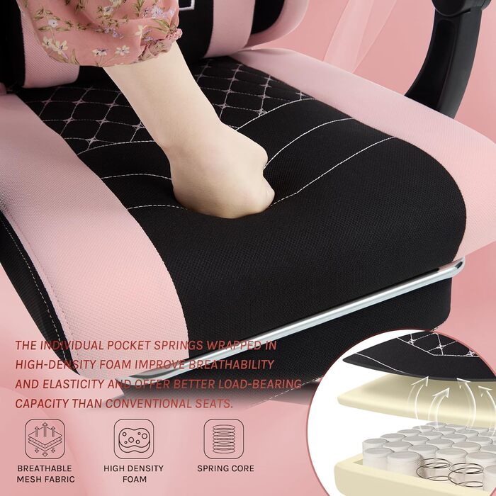 Ігровий крісло WOLTU з масажем, комп'ютерне ергономічне крісло з кишеньковим пружинним сидінням, підтримкою попереку, подушкою для голови, підставкою для ніг, поворотне, 150 кг, рожево-біле (чорно-рожеве, сітчаста тканина)