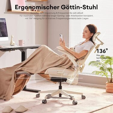 Ергономічне крісло Musso E80 Muse FemmePosture™ для жінок - регулювання спинки до 135°, 3D-підтримка попереку, 17 см 4D-підголівник, висувна підніжка, регулювання глибини та висоти сидіння, регульовані підлокітники (Бежевий)