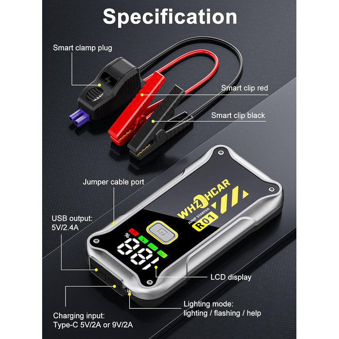 Powerbank Starthilfe 4000A: Портативний пусковий пристрій для авто 12V з LCD дисплеєм та LED ліхтариком (до 9.0L бензин/7.5L дизель)