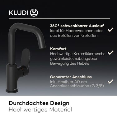 Змішувач для ванної кімнати KLUDI-X1 з висувною корковою пробкою, поворотний на 360°, висота виливу 205 мм, водозберігаючий, розмір L, з підключенням до шлангів (без зливної арматури, матовий чорний)