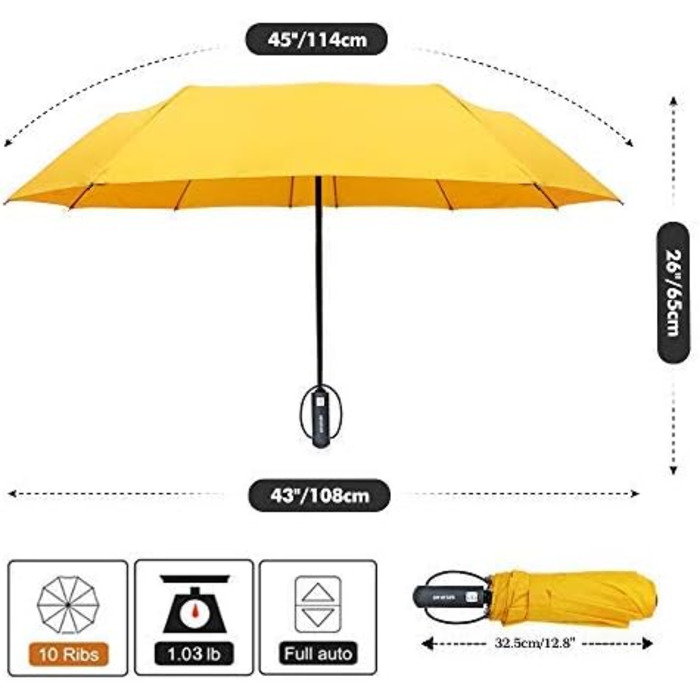 Складна парасолька ZOMAKE Stormproof Stormproof, 10 ребер, захист від ультрафіолету, відкривати-закривати, жовтий (новий)