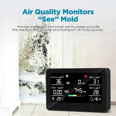 Вимірювач якості повітря Therm La Mode CF-30 зі Smart-додаток: виявлення забруднювачів, пилку, CO2, PM2.5, PM1.0, формальдегіду, температури. Великий LCD-дисплей