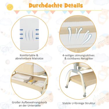 Дитяче ліжко COSTWAY 4-в-1 з москітною сіткою, бебі-ліжко, колиска, візок та туристичне ліжко з матрацом, 6 рівнів регулювання, сумка для перенесення, дитяче ліжко-гойдалка, розкладне, для малюків до 6 місяців (Бежевий)