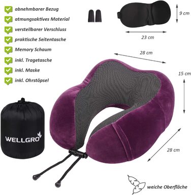 Набір подушок для шиї WELLGRO з 3D маскою для сну і затичками для вух - знімний чохол - Застібка-блискавка з піноматеріалу з ефектом пам'яті - в комплекті. Сумка для зберігання-Дорожня подушка - колір за вибором, колір (фуксія)
