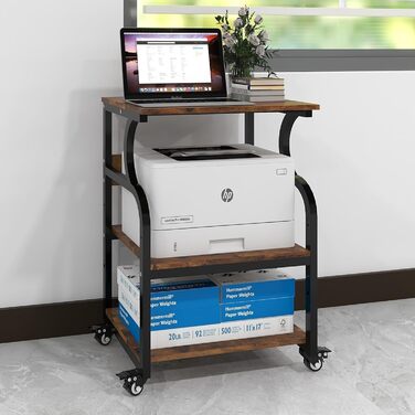 Регульований стіл для принтера PUNCIA з 3 ящиками та колесами. Мобільний візок для принтера з дерева та металу (60 x 50 см, Retro)