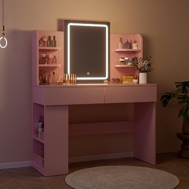 Трюмо Airfish з підсвічуванням 108x40 см: туалетний столик з дзеркалом, полицями, 2 шухлядами, регульоване освітлення, для спальні/вітальні (білий/рожевий)