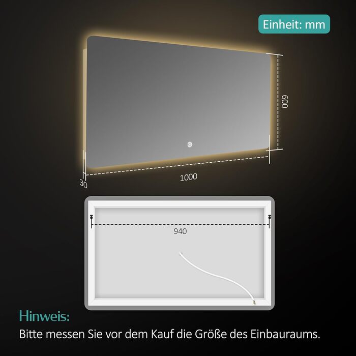 LED дзеркало для ванної кімнати EMKE 100x60 см з підсвічуванням та сенсорним вимикачем, 3 кольори світла, регулювання яскравості, таймер автоматичного вимкнення