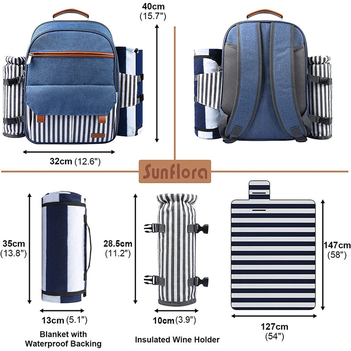 Набір для пікніка Sunflora з ізольованим контейнером та пледом, пікнік-кошик для кемпінгу та відпочинку на природі (синій у смужку), на 2 особи