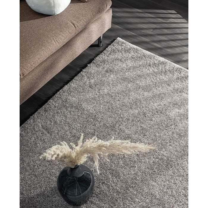 Килим Relax Glamour М'який Сучасний килим з високим ворсом, довгим ворсом, килим для вітальні, гелева підкладка, можна прати, висота ворсу 30 мм, однотонний, однотонний, Бежевий, (80 х 150 см, сірий (гламур))