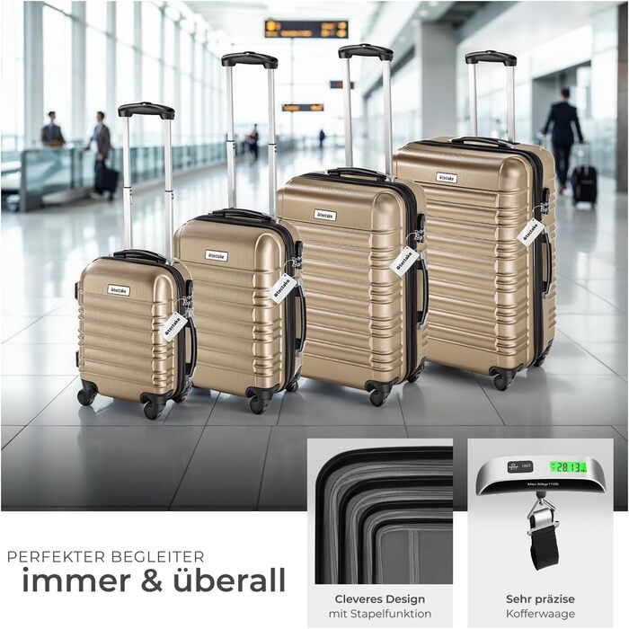 Набір валіз Tectake® 4шт з ABS пластику, S-M-L-XL, з колесами, телескопічним ручками та замком, + ваги та аксесуари для валіз, колір шампань