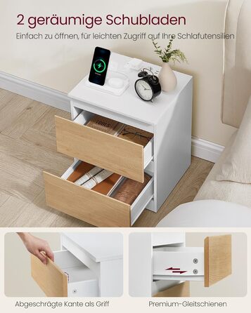 Приліжкова тумбочка VASAGLE Kailyn з розетками, 2 ящики, 2 AC-розетки, 2 USB-A порти, для спальні, хмарно-білий LET62W02