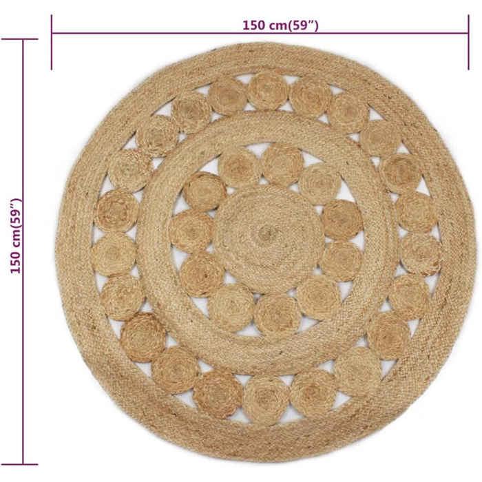 Дизайн килима VidaXL, плетений візерунок ручної роботи з джуту, 120 см, круглий, для вітальні (150 см)
