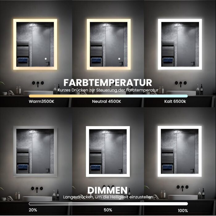 LED дзеркало для ванної кімнати з підсвічуванням | Вологостійке (IP54) | Сенсорне керування | 60x50 см | Вертикальна/Горизонтальна установка