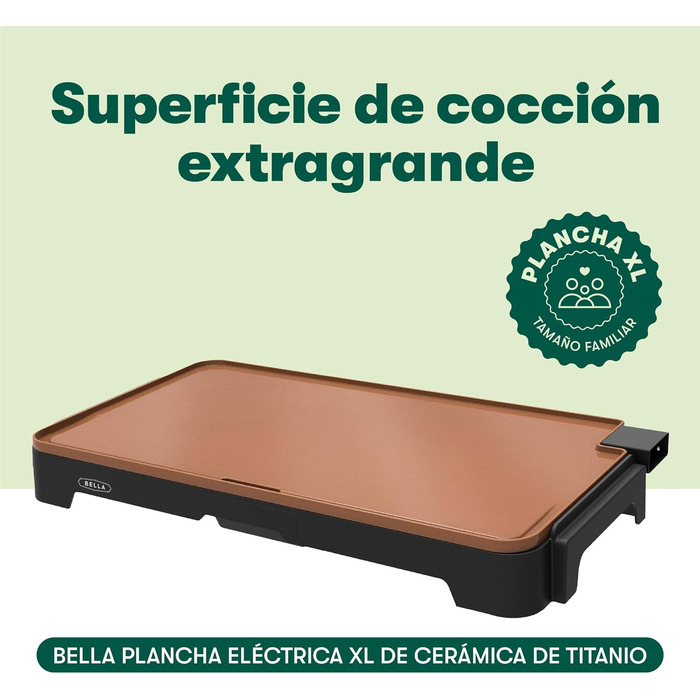 Електрична гриль-плита BELLA XL з керамічно-титановою поверхнею, для приготування 15 яєць одночасно, з антипригарним покриттям Healthy-Eco, легко миється, велика вмикаючася поверхня для приготування, 30,5 x 56 см, колір: мідний/чорний