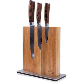 Набір кухонних ножів Wakoli EDIB з магнітним блоком | 3 ножі з дамаської сталі (8,5-17см) з VG10-сердечником, дерев'яні ручки, для овочів та м'яса