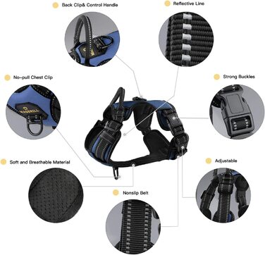 Упряж для собак MASBRILL для великих собак, упряж для собак з захистом від натягу регульована і світловідбиваюча, м'яка дихаюча упряж для собак з ручкою(Синій L) L (шия46-58 см/груди64-82 см) синій