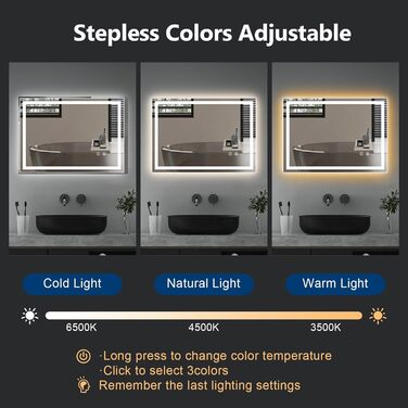Дзеркало для ванної кімнати Youyijia з підсвічуванням, 70x50 см, антизапарник, сенсорний вимикач, 3 кольори світла, регулювання яскравості