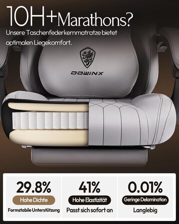 Ігровий крісло Dowinx з масажем, ергономічний дизайн, підтримка попереку та шиї, до 135 кг, шкіра, чорний (сірий), для дорослих