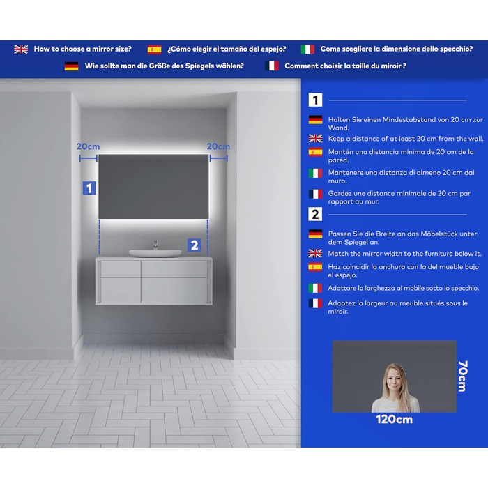 Дзеркало для ванної кімнати з підсвічуванням FORAM 120x70 см - без рами, на замовлення, сучасний дизайн