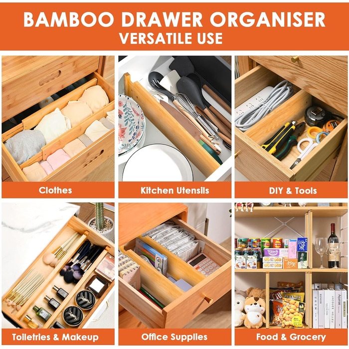 Органайзери для шухляд MUUKAIII: набір 6 шт. з бамбука, регульовані (43-56 см), для кухні та шафи - білий (натуральний)