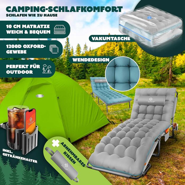 Розкладне кемпінгове ліжко KESSER з преміум-матрацом та подушкою, 190 x 68 x 30 см, витримує до 250 кг, з кишенею та підстаканником, сіре/блакитне