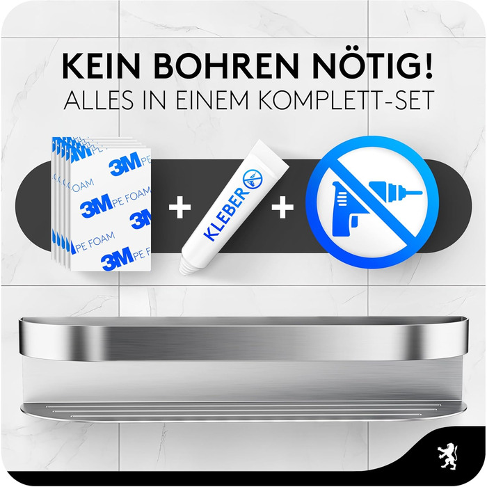 Поличка для душу GUTTENBURG без свердління (XXL, 38 см, 2200 см³), міцна, з нержавіючої сталі, проста установка ARCOS 38