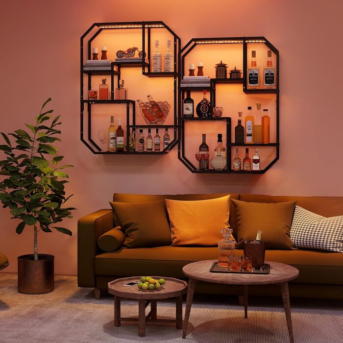 Підвісні полиці YU YUSING з RGB підсвічуванням 7 кольорів, геймерські полиці з 8 гачками, полиці для демонстрації, настінна вітрина з 2 скляними полицями, підвісна вітрина для спальні, кухні, бару, ігрової кімнати, шестигранна (чорний колір)