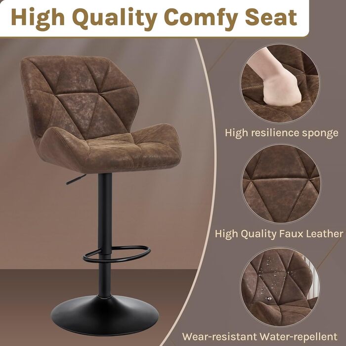 Барні стільці WOLTU 2 шт. - комплект, регульована висота, обертання, штучна шкіра, сталь, темно-коричневий