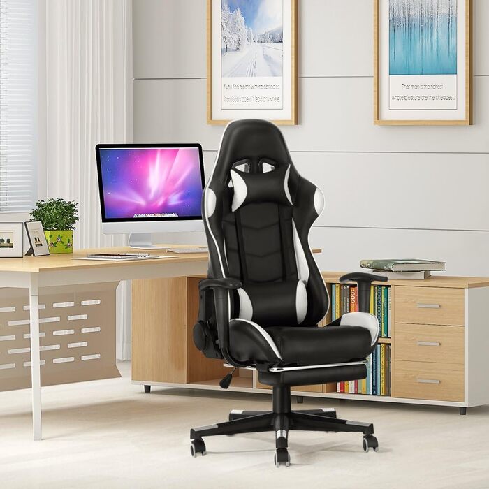 Ігрове крісло Panana з високою спинкою Поворотне офісне крісло з підставкою для ніг і подушкою Крісло для ПК Гоночне комп'ютерне крісло (біле)