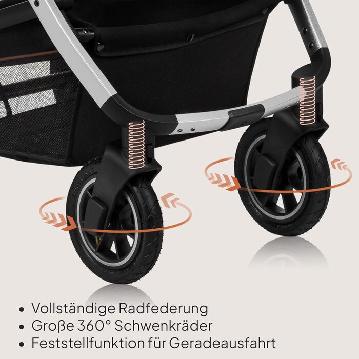 Коляска Lionelo Amber 3-в-1: люлька, автокрісло i-Size, прогулянкове сидіння, повітряні колеса, поворотне сидіння, XXL капюшон UPF 50+, сумка, москітна сітка, дощовик, чорно-срібна