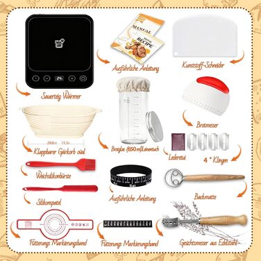 Набір для закваски Daity: 12 предметів для випікання хліба, термоконтейнер, гнітниця для бродіння овальної форми 28 см, силікон, для початківців та професіоналів