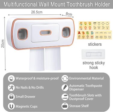 Настінний тримач для зубних щіток Frasheng з віджималками для зубної пасти, магнітними чашками, отворами для зубних щіток, ящиком, відсіком для зберігання, без свердління