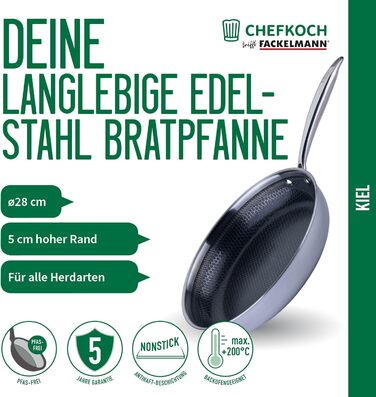 Сковорода Chefkoch від Fackelmann – діаметр 28 см, преміум-якість, антипригарне покриття, нержавіюча сталь, для всіх типів плит (включно з індукцією)