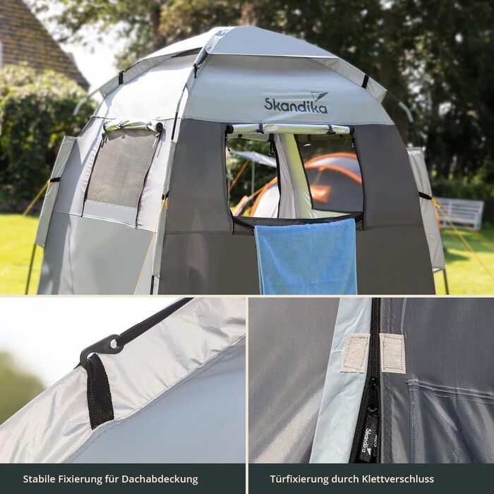 Душовий та кемпінговий намет-роздягальня Skandika: висота 230 см, світловідбиваюче покриття, непрозорий, з підлогою та вікнами