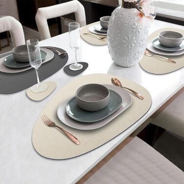 Набір з 6 підставок під тарілки, миючіся з підставками, двосторонні, з імітацією шкіри, водонепроникні для столу, кухні, ресторану та дому (6 шт., бежево-сірі)