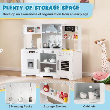 Дерев'яна дитяча кухня Dreamade з аксесуарами, кухонний куточок для дітей з плитою, раковиною, мікрохвильовою піччю, кавоваркою, духовкою, світлом та звуком (білий)