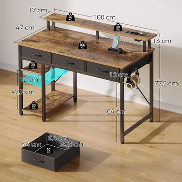 Комп'ютерний стіл Rolanstar з ящиками, розетками та LED підсвіткою, ігровий стіл з підставкою для монітора, полиця та 2 гачки, для офісу та вітальні (білий, 100x47x90,5 см)